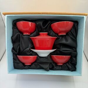 Red Tea Set with White Accents Come with original box
